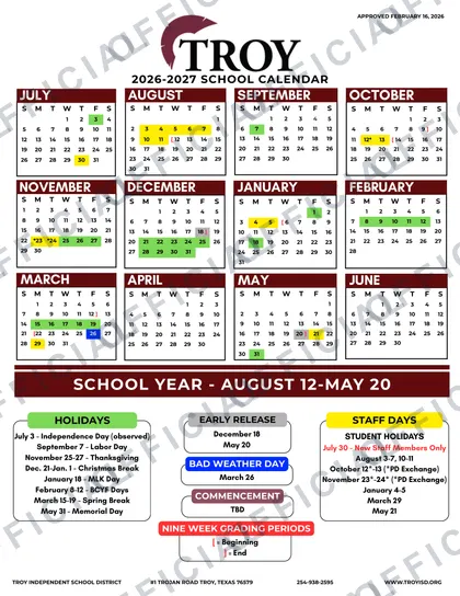 Troy Independent School District 2026-27 calendar