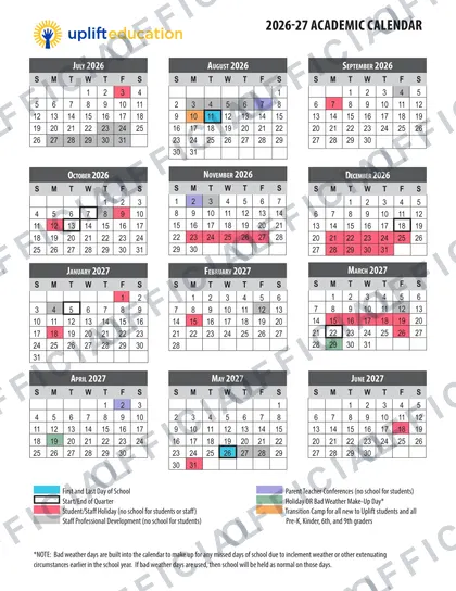 Uplift Education 2026-27 calendar