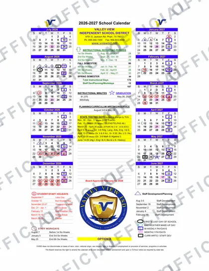 Valley View ISD 2026-27 calendar