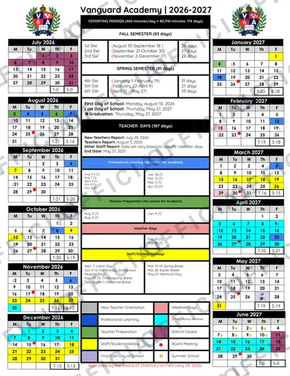 Vanguard Academy 2026-27 calendar