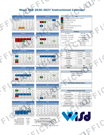 Waco ISD 2026-27 calendar