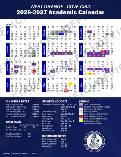WEST ORANGE - COVE CISD 2026-27 calendar