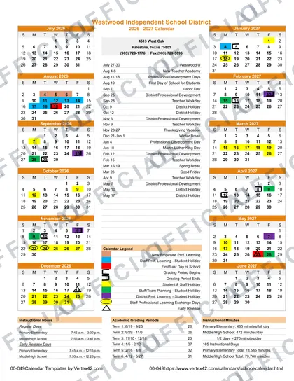 Westwood ISD 2026-27 calendar