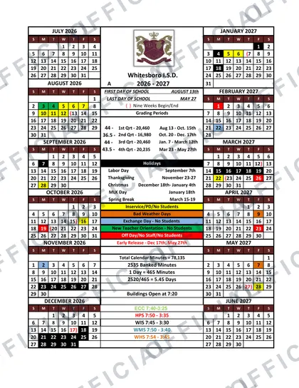 Whitesboro ISD 2026-27 calendar
