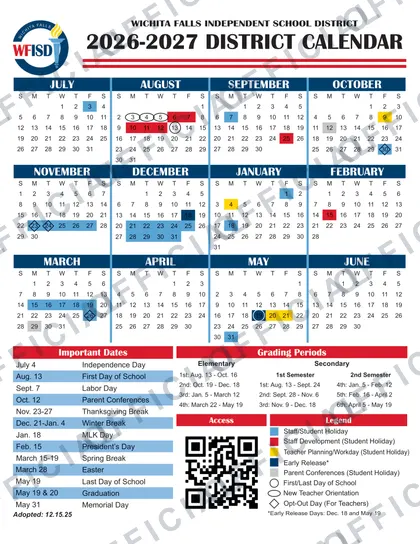Wichita Falls ISD 2026-27 calendar