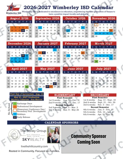 Wimberley ISD 2026-27 calendar