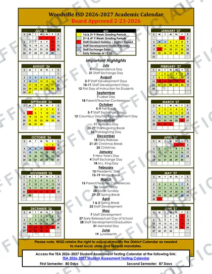 Woodville ISD 2026-27 calendar