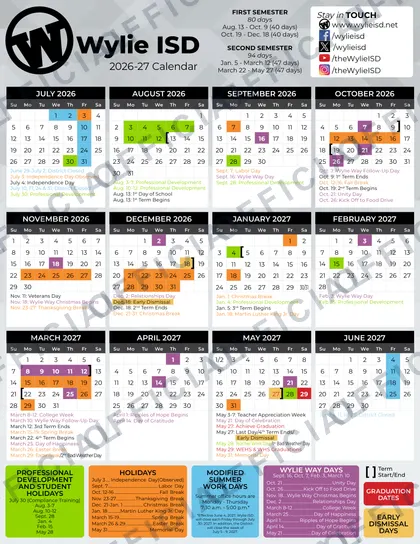 Wylie ISD Independent School District 2026-27 calendar