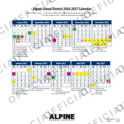 Alpine School District 2026-27 calendar