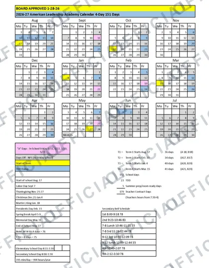 American Leadership Academy 2026-27 calendar