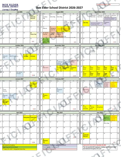 Box Elder School District 2026-27 calendar
