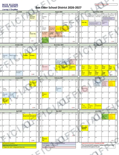 Box Elder School District 2026-27 calendar