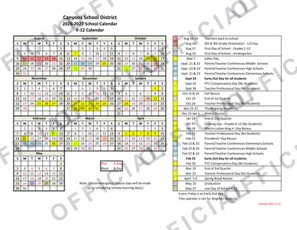 Canyons School District 2026-27 calendar