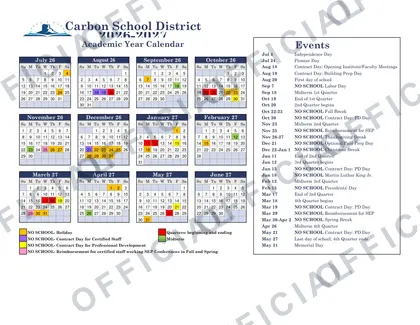 Carbon School District 2026-27 calendar