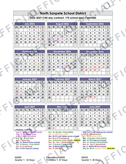 North Sanpete School District 2026-27 calendar