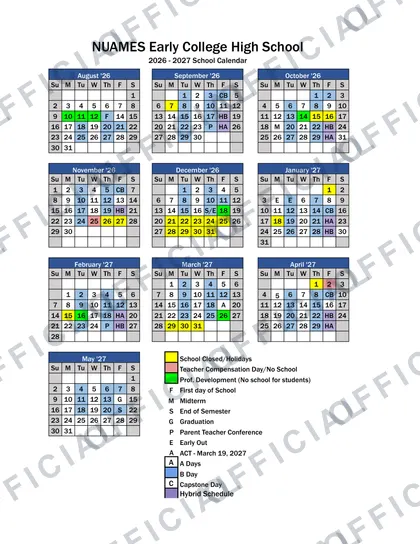NUAMES Early College High School 2026-27 calendar