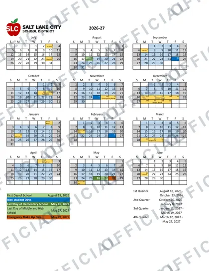 Salt Lake City School District 2026-27 calendar