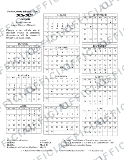 Sevier County School System 2026-27 calendar