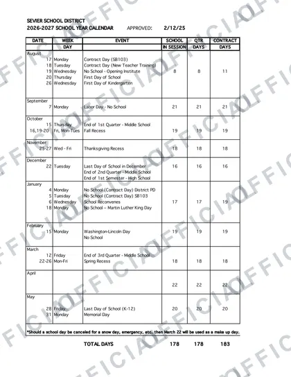 Sevier School District utah 2026-27 calendar