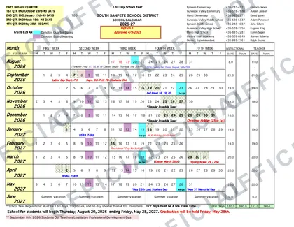 South Sanpete School District 2026-27 calendar