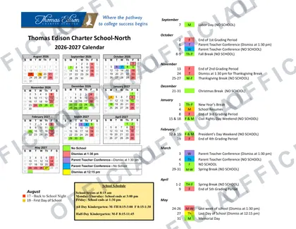 Thomas Edison Charter School-North 2026-27 calendar