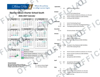 Thomas Edison Charter School South 2026-27 calendar