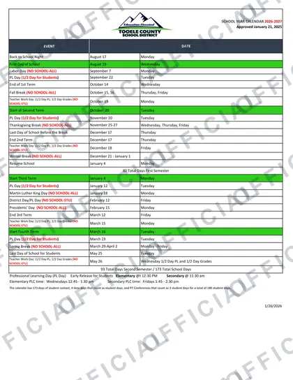 Tooele County School District 2026-27 calendar