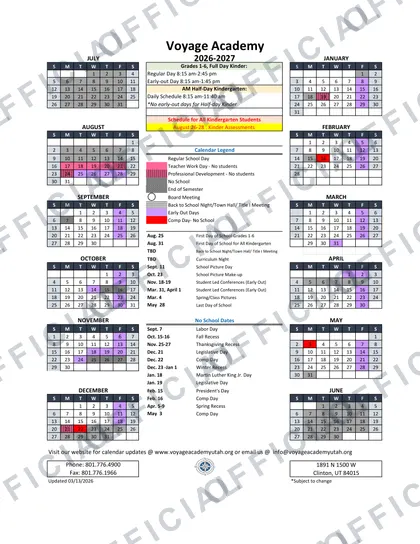 Voyage Academy 2026-27 calendar