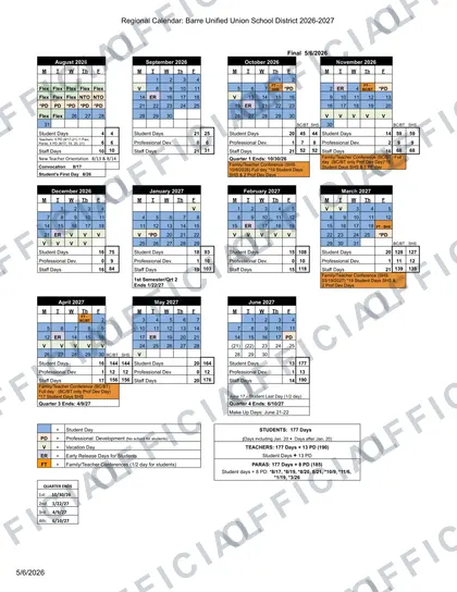 Barre Unified Union School District 2026-27 calendar