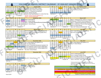 Colchester School District 2026-27 calendar
