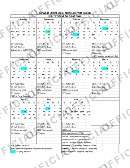 HARWOOD UNIFIED UNION SCHOOL DISTRICT HUUSD 2026-27 calendar