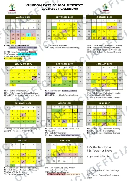 Kingdom East School District 2026-27 calendar