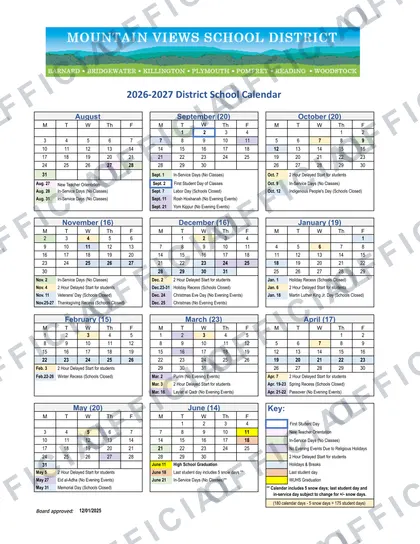Mountain Views School District 2026-27 calendar