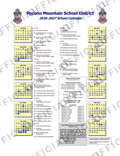 Pocono Mountain School District 2026-27 calendar