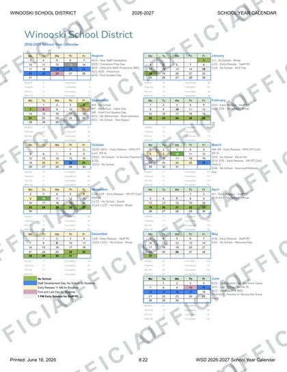 Winooski School District 2026-27 calendar