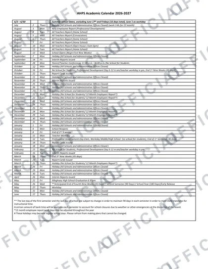 Alleghany Highlands Public Schools 2026-27 calendar