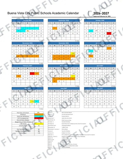 Buena Vista City Public Schools 2026-27 calendar