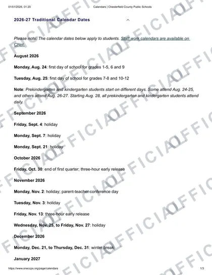 Chesterfield County Schools CCPS 2026-27 calendar