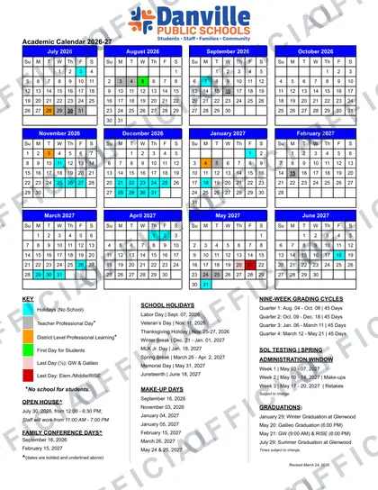 Danville Public Schools 2026-27 calendar