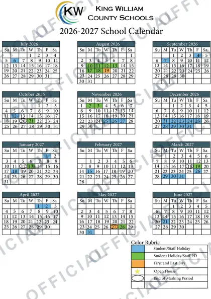 King William County Schools 2026-27 calendar