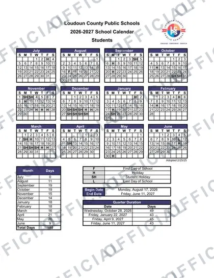 Loudoun County Public Schools 2026-27 calendar