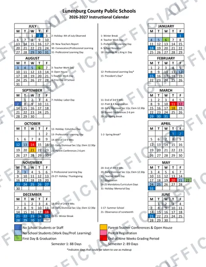 Lunenburg County Public Schools 2026-27 calendar