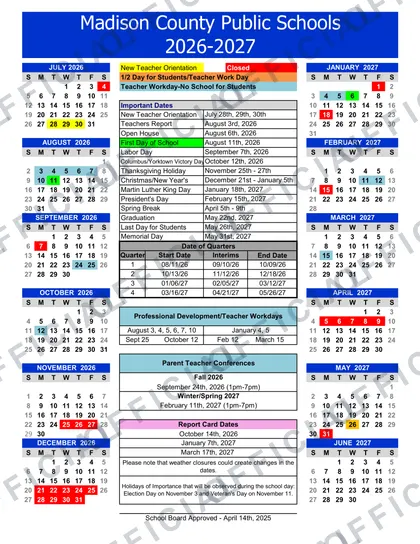Madison County Public Schools 2026-27 calendar