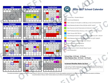 Middlesex County Public Schools 2026-27 calendar