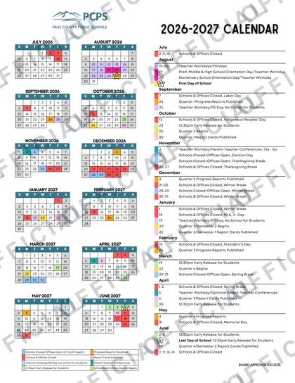 Page County Public Schools 2026-27 calendar