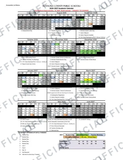 Roanoke County Public Schools 2026-27 calendar
