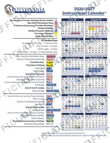 Spotsylvania County Public Schools 2026-27 calendar