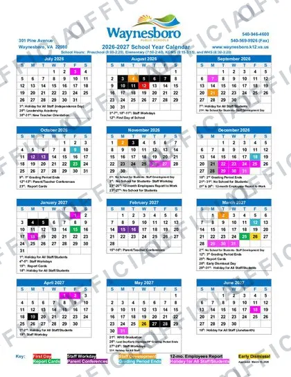 Waynesboro PUBLIC SCHOOLS 2026-27 calendar