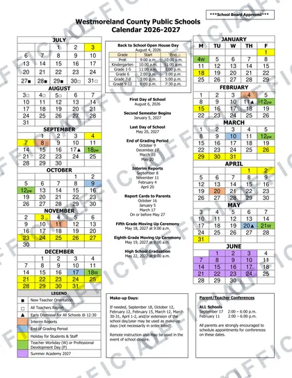Westmoreland County Public Schools 2026-27 calendar
