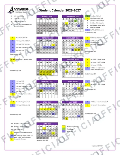 Anacortes School District 2026-27 calendar